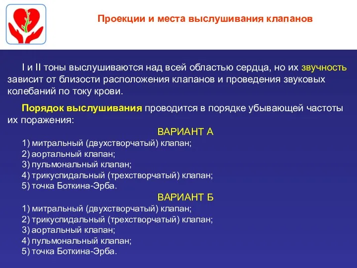 Проекции и места выслушивания клапанов I и II тоны выслушиваются над всей