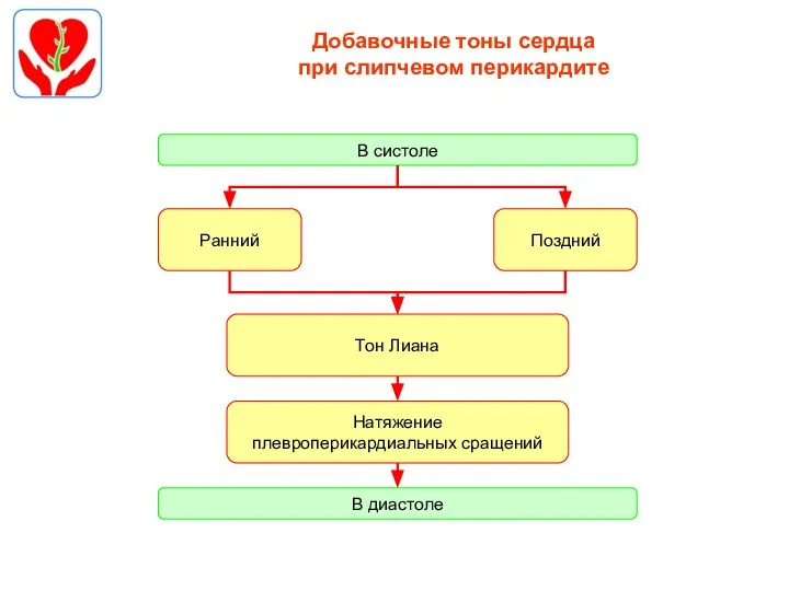 Добавочные тоны сердца при слипчевом перикардите В систоле Тон Лиана Ранний Поздний