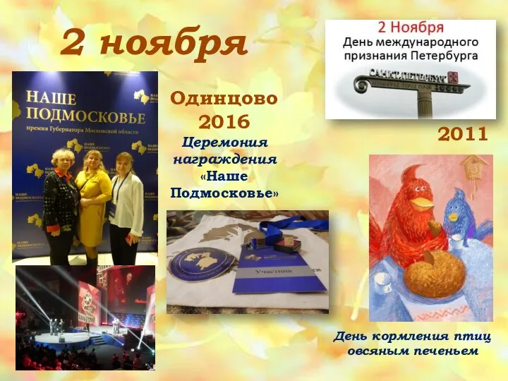 2 ноября День кормления птиц овсяным печеньем Одинцово 2016 Церемония награждения «Наше Подмосковье» 2011