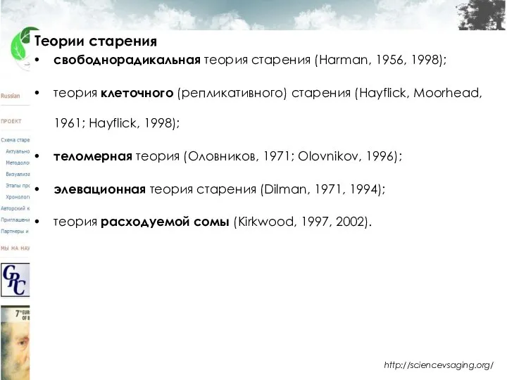 http://sciencevsaging.org/ Теории старения свободнорадикальная теория старения (Harman, 1956, 1998); теория клеточного (репликативного)