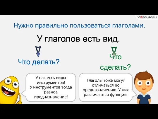 У глаголов есть вид. Что делать? Что сделать? Нужно правильно пользоваться глаголами.