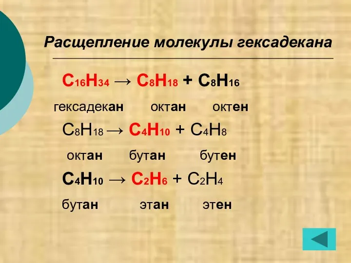 Расщепление молекулы гексадекана С16Н34 → С8Н18 + С8Н16 гексадекан октан октен С8Н18