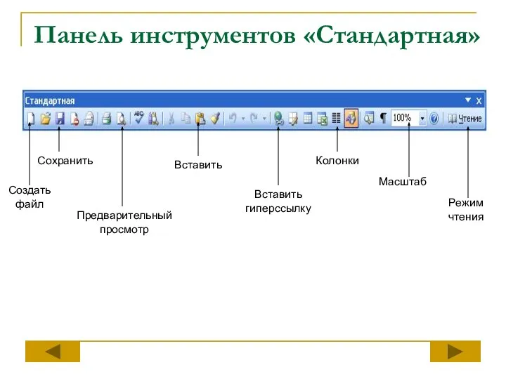 Панель инструментов «Стандартная» Создать файл Сохранить Предварительный просмотр Вставить Вставить гиперссылку Колонки Масштаб Режим чтения