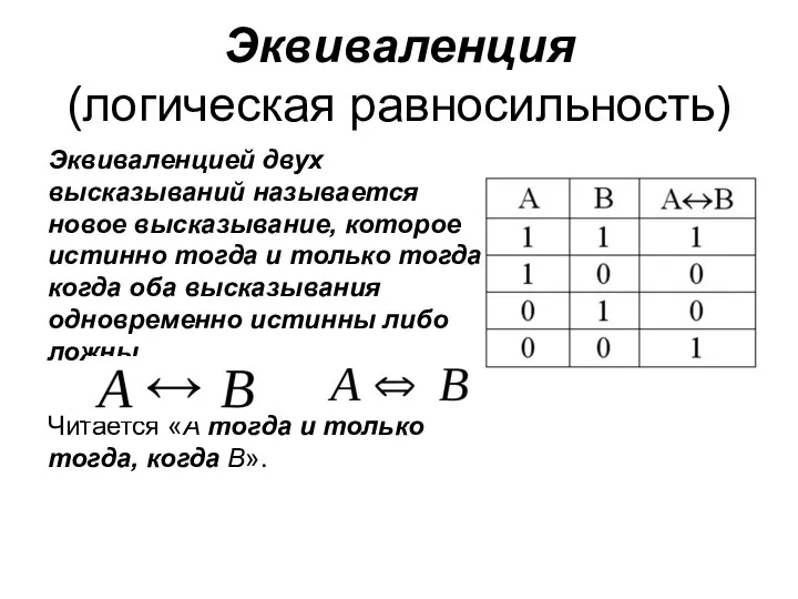 Эквиваленция (логическая равносильность) Эквиваленцией двух высказываний называется новое высказывание, которое истинно тогда