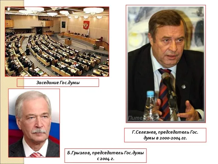 Заседание Гос.думы Г.Селезнев, председатель Гос.думы в 2000-2004 гг. Б.Грызлов, председатель Гос.думы с 2004 г.