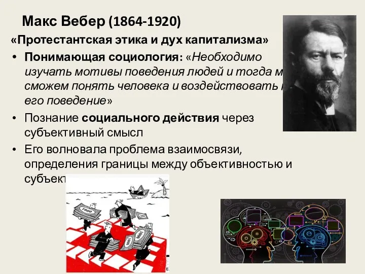 Макс Вебер (1864-1920) «Протестантская этика и дух капитализма» Понимающая социология: «Необходимо изучать