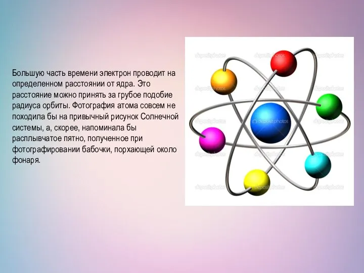 Большую часть времени электрон проводит на определенном расстоянии от ядра. Это расстояние