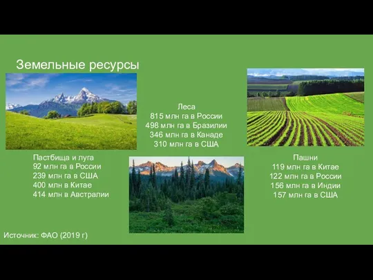 Земельные ресурсы Пастбища и луга Леса 815 млн га в России 498