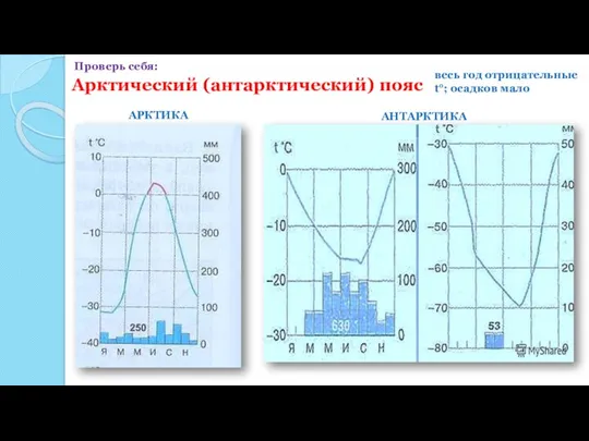 Арктический (антарктический) пояс весь год отрицательные t°; осадков мало Проверь себя: АРКТИКА АНТАРКТИКА