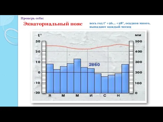 Экваториальный пояс весь год t° +26… +28°, осадков много, выпадают каждый месяц Проверь себя: