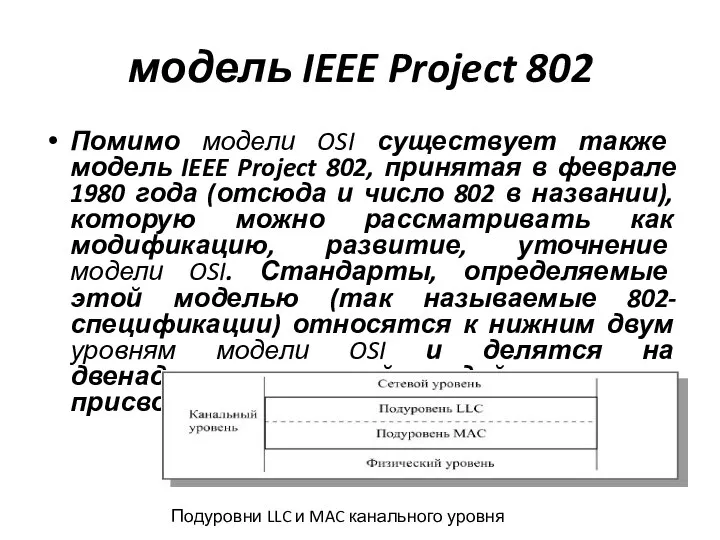 модель IEEE Project 802 Помимо модели OSI существует также модель IEEE Project