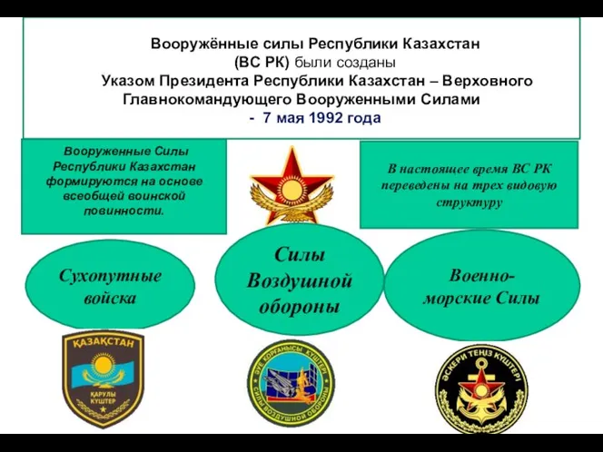Вооруженные Силы Республики Казахстан формируются на основе всеобщей воинской повинности. В настоящее