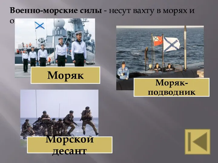 Военно-морские силы - несут вахту в морях и океанах.