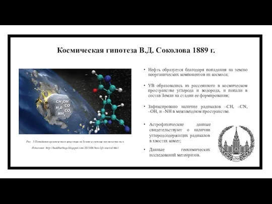 Космическая гипотеза В.Д. Соколова 1889 г. Нефть образуется благодаря попадания на землю