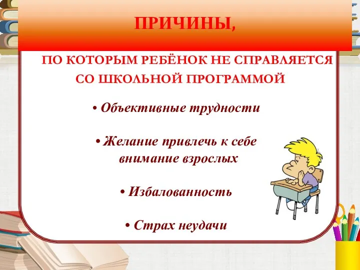 Объективные трудности Желание привлечь к себе внимание взрослых Избалованность Страх неудачи ПРИЧИНЫ,