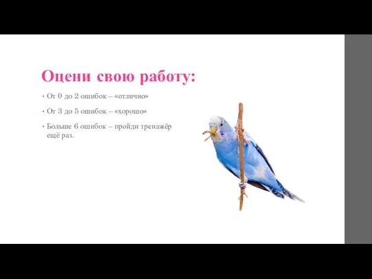 Оцени свою работу: От 0 до 2 ошибок – «отлично» От 3