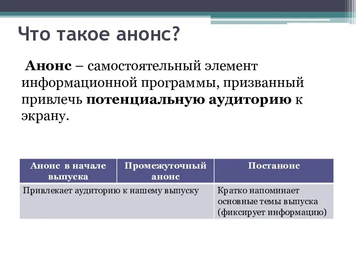 Что такое анонс? Анонс – самостоятельный элемент информационной программы, призванный привлечь потенциальную аудиторию к экрану.