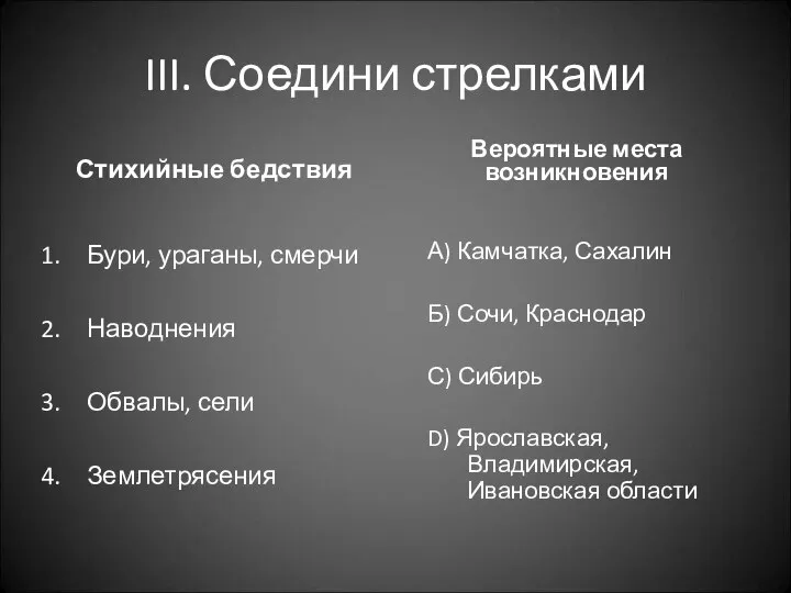 III. Соедини стрелками Стихийные бедствия Бури, ураганы, смерчи Наводнения Обвалы, сели Землетрясения