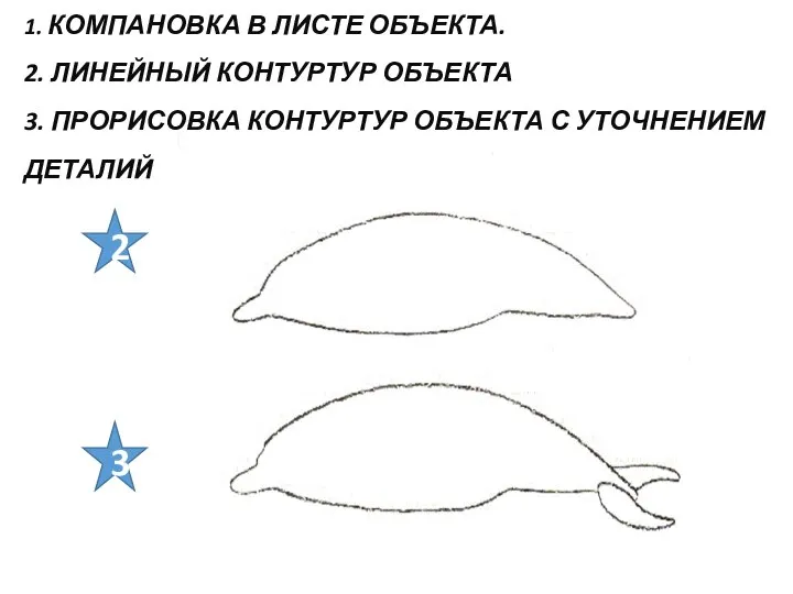 1. КОМПАНОВКА В ЛИСТЕ ОБЪЕКТА. 2. ЛИНЕЙНЫЙ КОНТУРТУР ОБЪЕКТА 3. ПРОРИСОВКА КОНТУРТУР