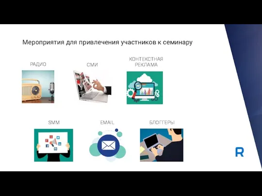 РАДИО СМИ КОНТЕКСТНАЯ РЕКЛАМА SMM EMAIL БЛОГГЕРЫ Мероприятия для привлечения участников к семинару