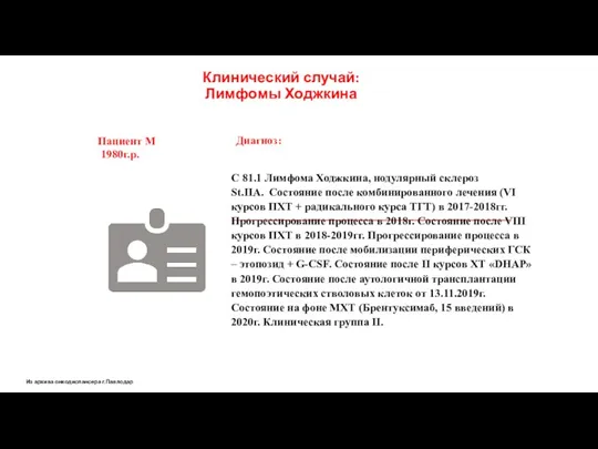 Клинический случай: Лимфомы Ходжкина Диагноз: Пациент М 1980г.р. Из архива онкодиспансера г.Павлодар