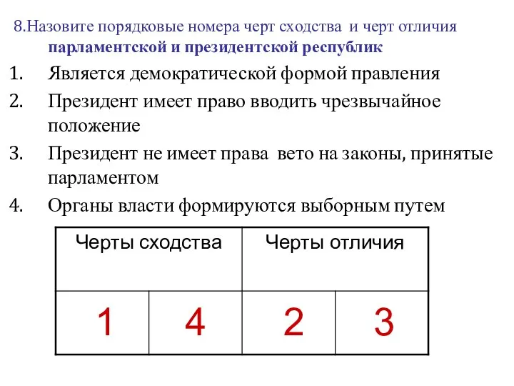 8.Назовите порядковые номера черт сходства и черт отличия парламентской и президентской республик