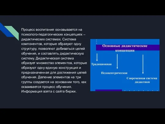 Процесс воспитания основывается на психолого-педагогических концепциях – дидактических системах. Система компонентов, которые