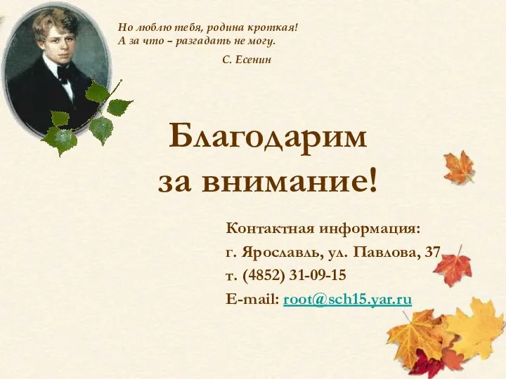Благодарим за внимание! Контактная информация: г. Ярославль, ул. Павлова, 37 т. (4852) 31-09-15 E-mail: root@sch15.yar.ru