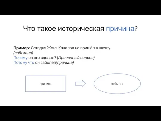 Что такое историческая причина? Пример: Сегодня Женя Качалов не пришёл в школу(событие)