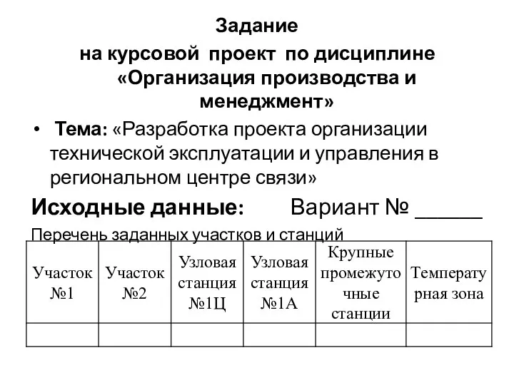 Задание на курсовой проект по дисциплине «Организация производства и менеджмент» Тема: «Разработка