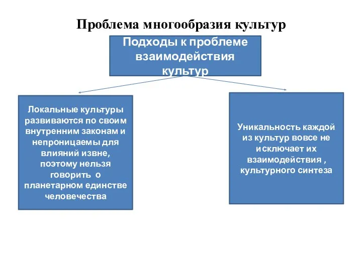 Проблема многообразия культур Подходы к проблеме взаимодействия культур Локальные культуры развиваются по