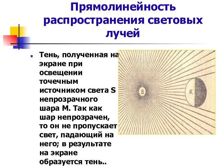 Прямолинейность распространения световых лучей Тень, полученная на экране при освещении точечным источником