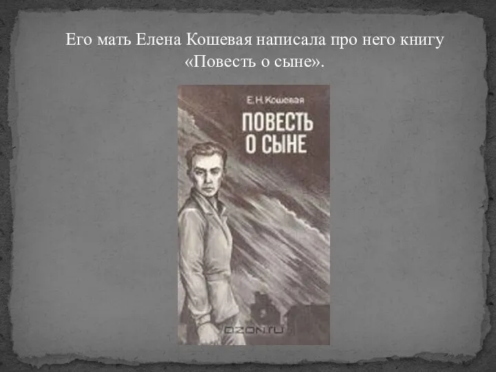 Его мать Елена Кошевая написала про него книгу «Повесть о сыне».