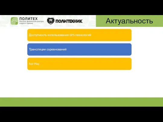 Актуальность Доступность использования GPS-технологий Трансляции соревнований Fair Play