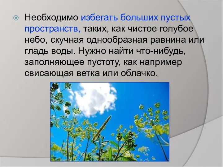 Необходимо избегать больших пустых пространств, таких, как чистое голубое небо, скучная однообразная