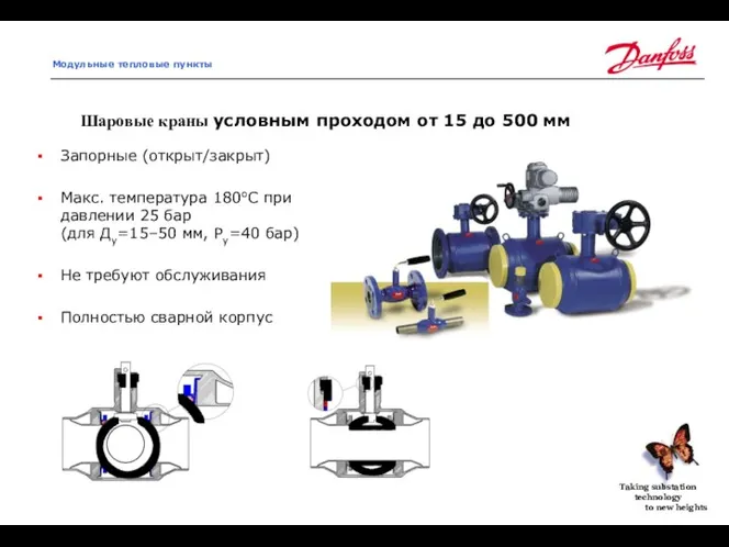 Шаровые краны условным проходом от 15 до 500 мм Запорные (открыт/закрыт) Макс.