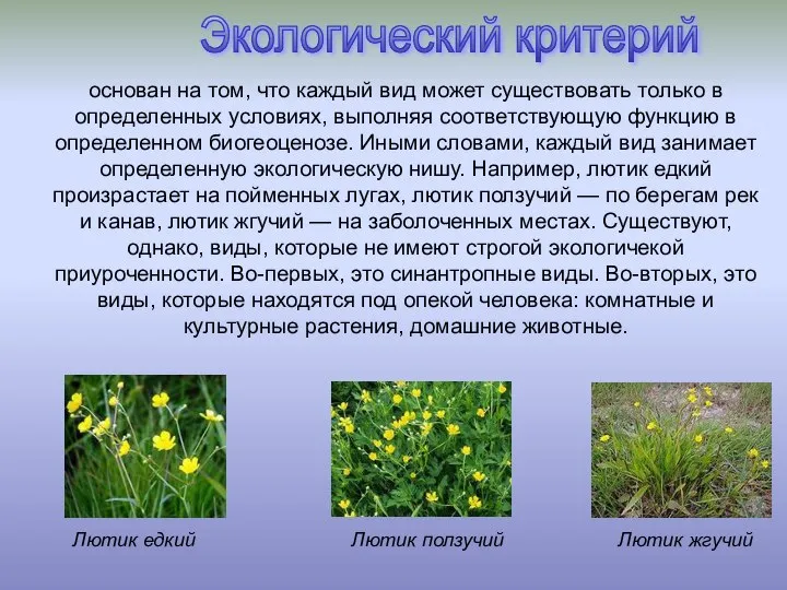 основан на том, что каждый вид может существовать только в определенных условиях,