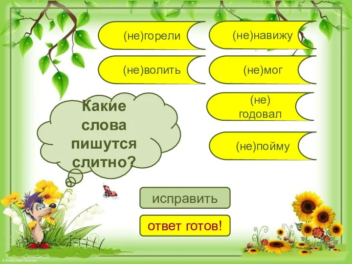 Какие слова пишутся слитно? (не)волить (не)навижу (не)годовал (не)горели (не)мог (не)пойму исправить ответ готов!