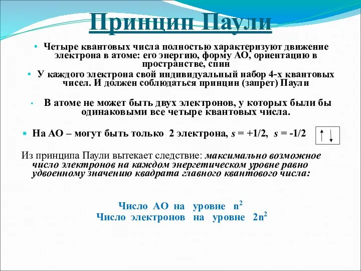 Принцип Паули Четыре квантовых числа полностью характеризуют движение электрона в атоме: его