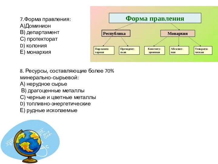 7.Форма правления: А)Доминион В) департамент С) протекторат D) колония Е) монархия 8.