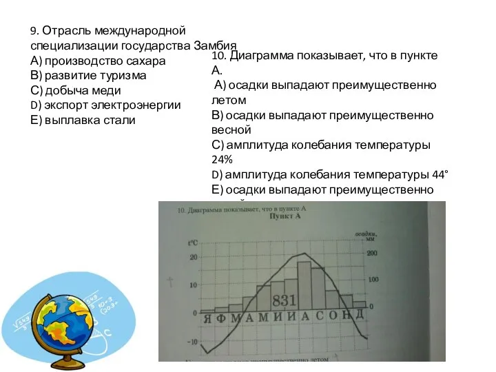 9. Отрасль международной специализации государства Замбия А) производство сахара В) развитие туризма