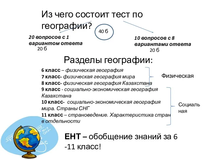 Из чего состоит тест по географии? 20 вопросов с 1 вариантом ответа