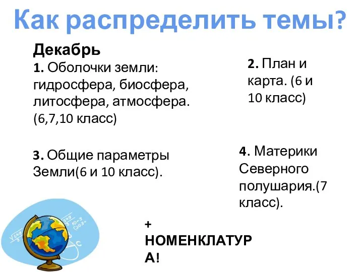 Как распределить темы? Декабрь 1. Оболочки земли: гидросфера, биосфера, литосфера, атмосфера. (6,7,10