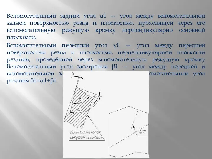 Вспомогательный задний угол α1 — угол между вспомогательной задней поверхностью резца и