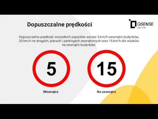 Dopuszczalna prędkość wszystkich pojazdów wynosi 5 km/h wewnątrz budynków, 20 km/h na