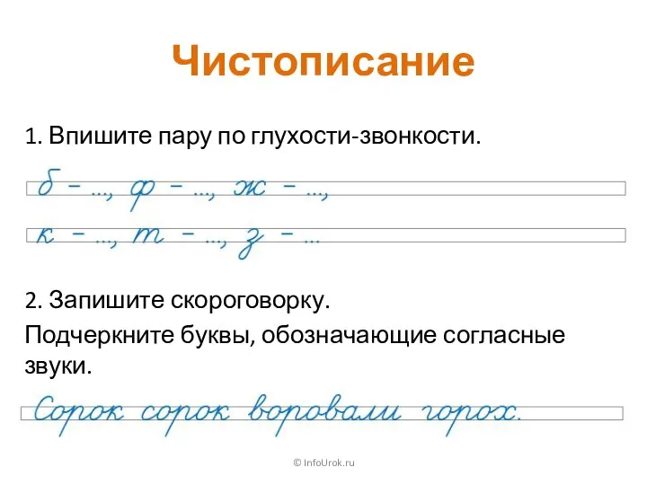 Чистописание © InfoUrok.ru 1. Впишите пару по глухости-звонкости. 2. Запишите скороговорку. Подчеркните буквы, обозначающие согласные звуки.