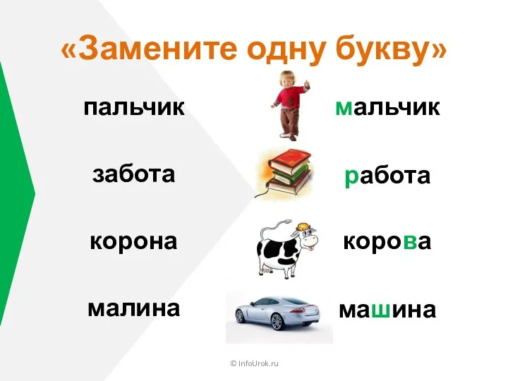 © InfoUrok.ru пальчик «Замените одну букву» мальчик забота работа корона корова малина машина