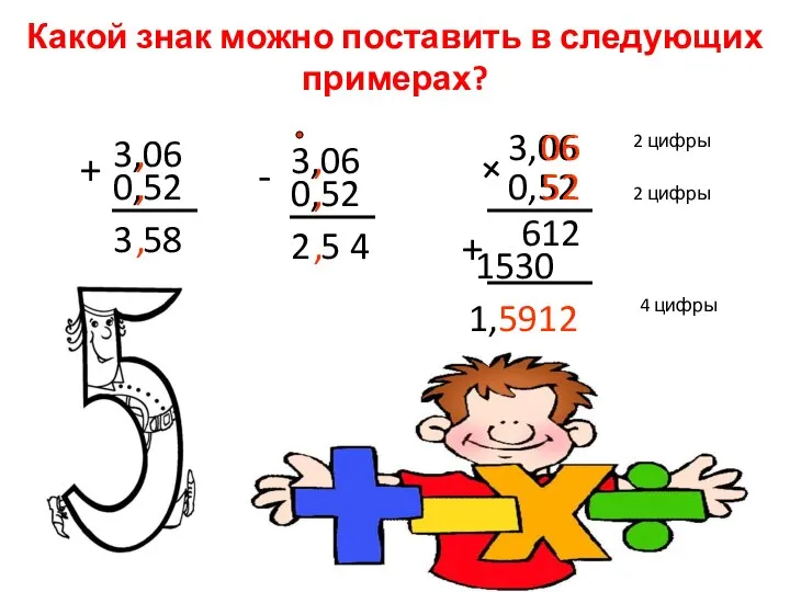 Какой знак можно поставить в следующих примерах? 0,52 3,06 + 3,58 ,