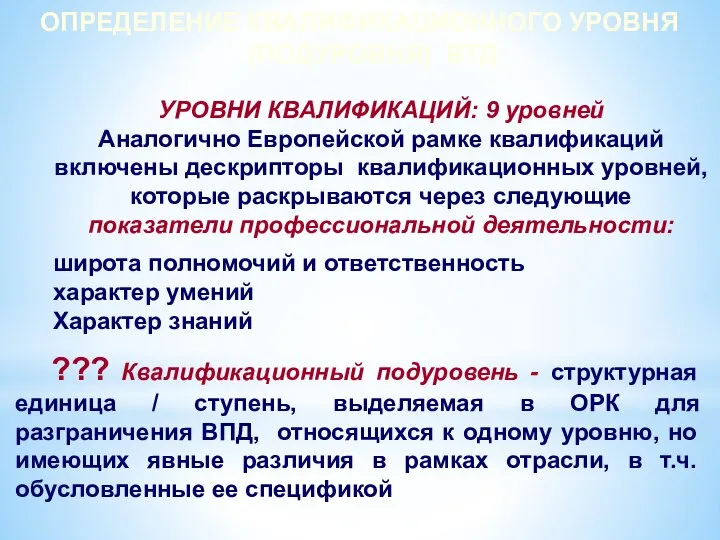 ОПРЕДЕЛЕНИЕ КВАЛИФИКАЦИОННОГО УРОВНЯ (ПОДУРОВНЯ) ВТД УРОВНИ КВАЛИФИКАЦИЙ: 9 уровней Аналогично Европейской рамке