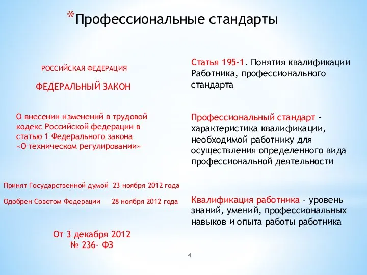 Профессиональные стандарты РОССИЙСКАЯ ФЕДЕРАЦИЯ ФЕДЕРАЛЬНЫЙ ЗАКОН О внесении изменений в трудовой кодекс